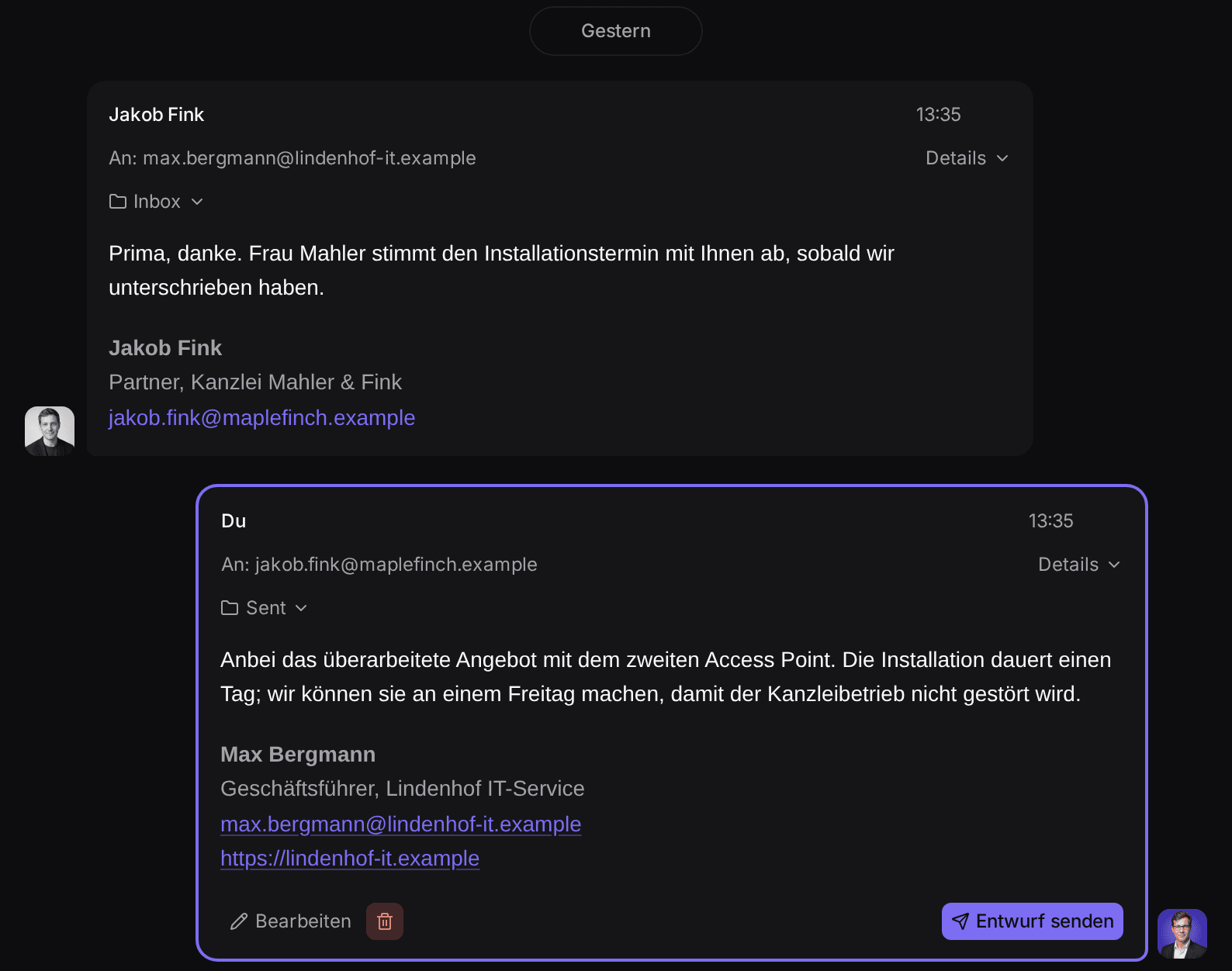 E-Mail-Verlauf mit Jakob Fink, der mit einem gespeicherten Antwortentwurf und der Schaltfläche Entwurf senden endet, mit Beispieldaten
