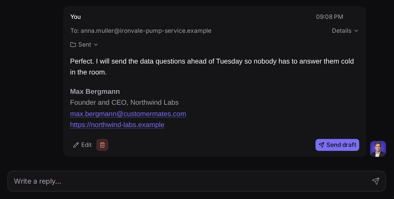 Email thread with Anna Müller ending in a saved reply draft with a Send draft button, using demo data