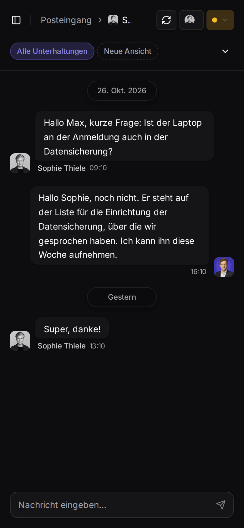 Customermates-Posteingang mit einem WhatsApp-Gespräch mit Sophie Thiele, mit Beispieldaten
