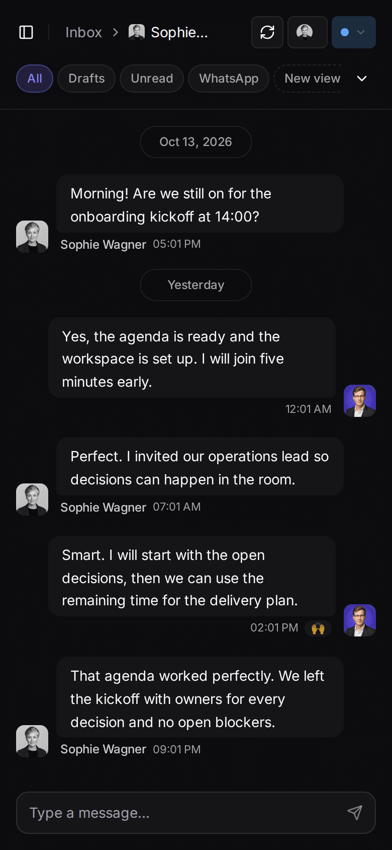 Customermates inbox with a WhatsApp conversation with Sophie Wagner, using demo data