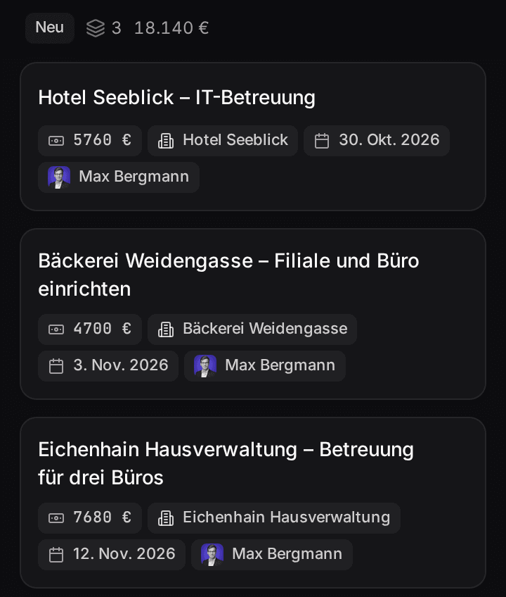 Deal-Board mit den Phasen Neu, Qualifiziert, Im Gespräch und Angebot gesendet, mit Beispieldaten