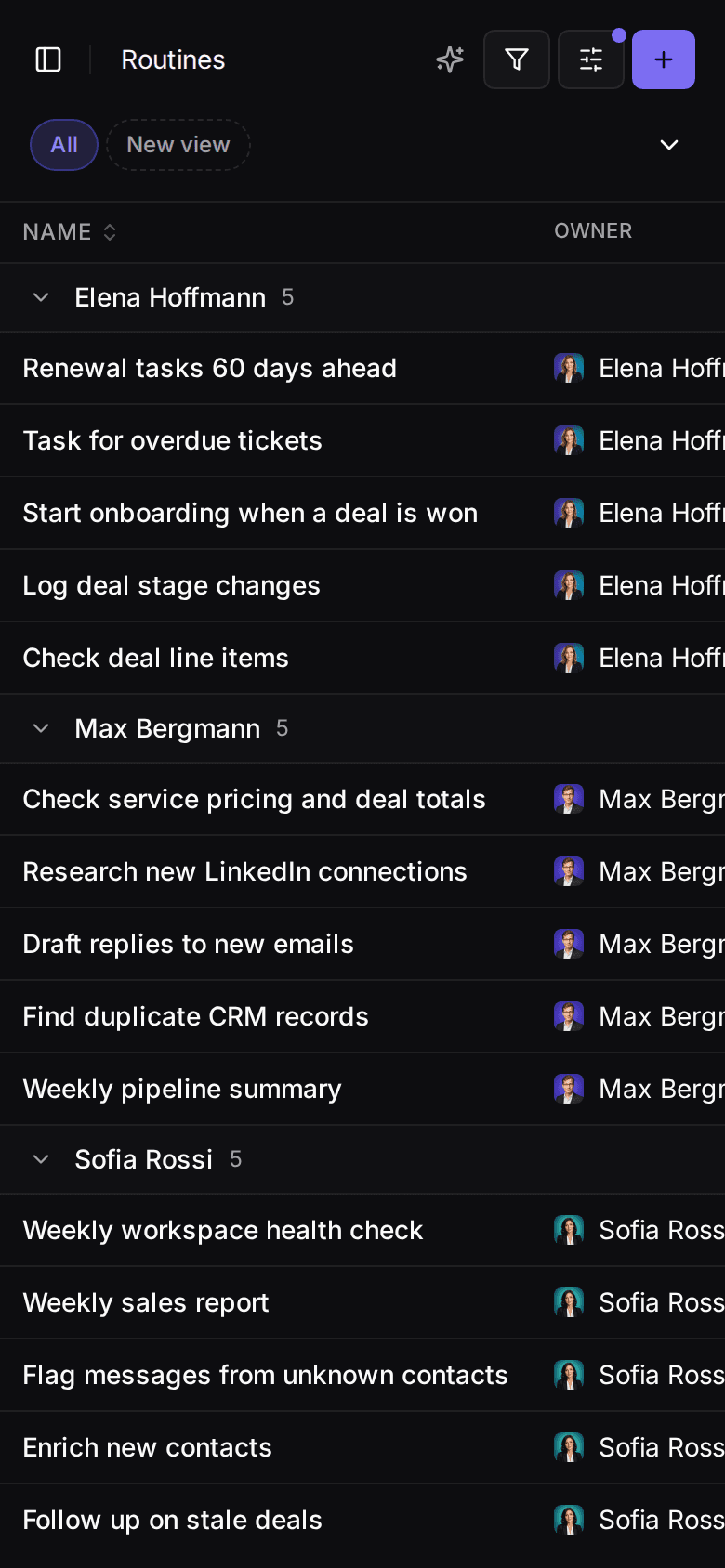 Routines list grouped by owner with schedules, triggers and last runs, using demo data