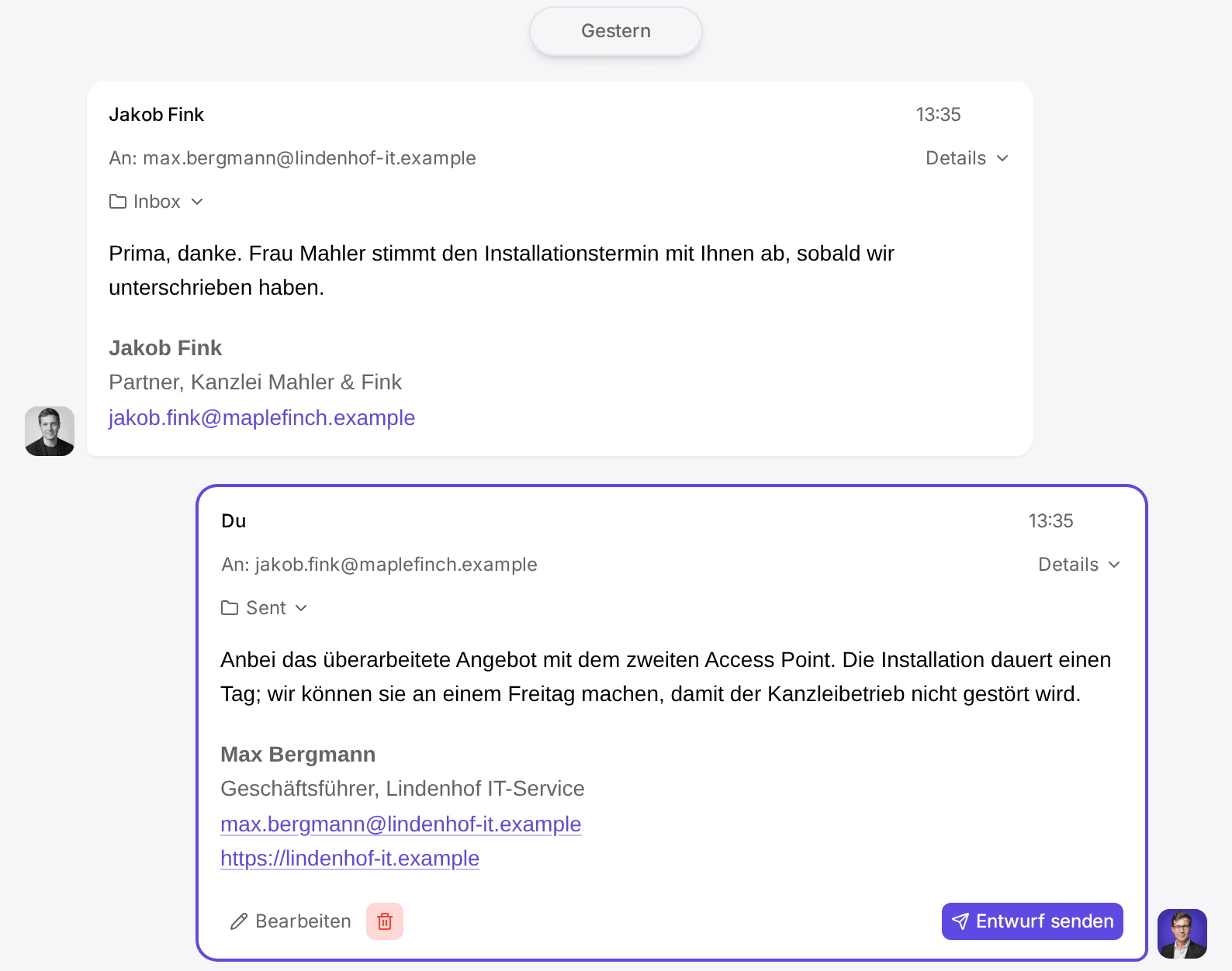 E-Mail-Verlauf mit Jakob Fink, der mit einem gespeicherten Antwortentwurf und der Schaltfläche Entwurf senden endet, mit Beispieldaten