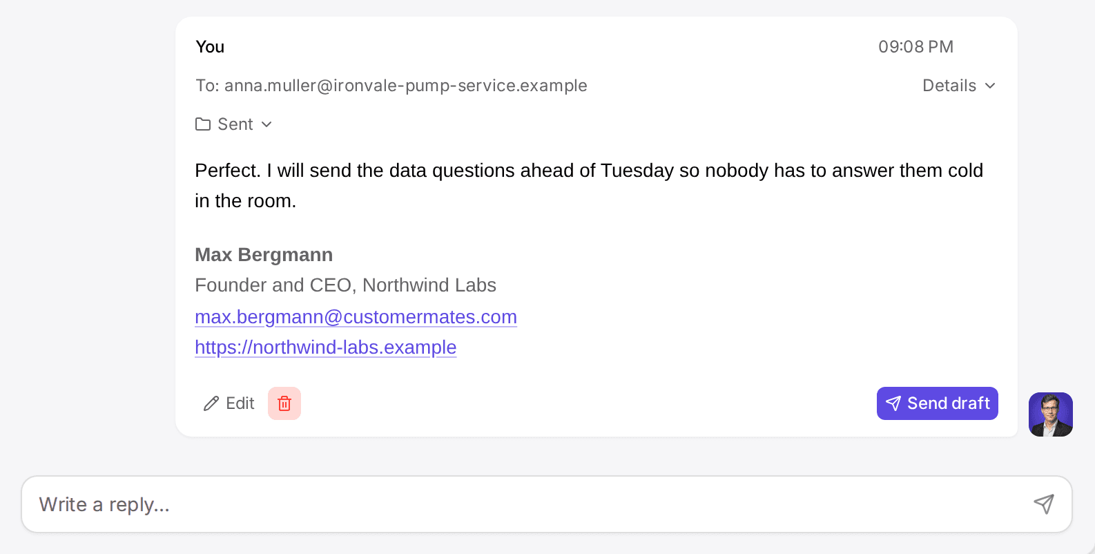 Email thread with Anna Müller ending in a saved reply draft with a Send draft button, using demo data