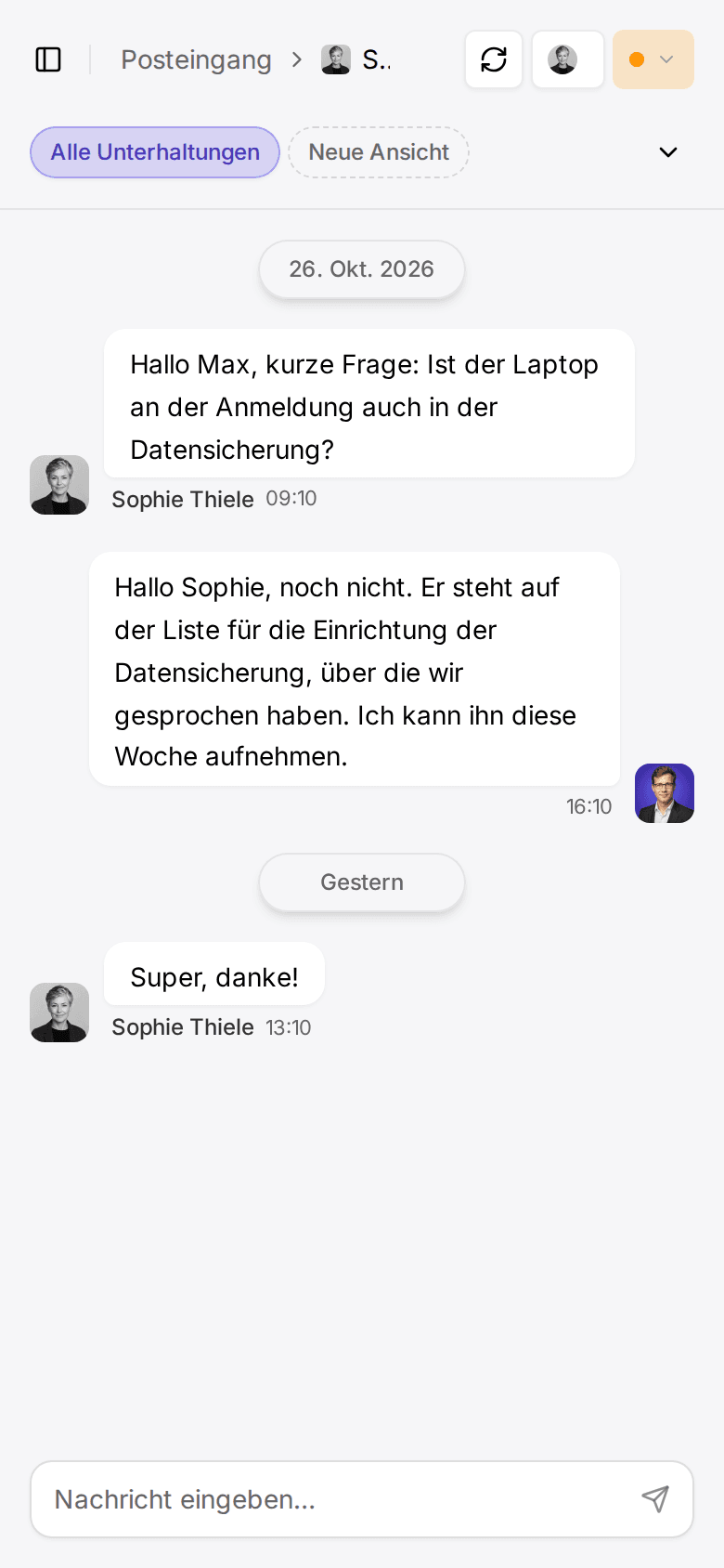 Customermates-Posteingang mit einem WhatsApp-Gespräch mit Sophie Thiele, mit Beispieldaten