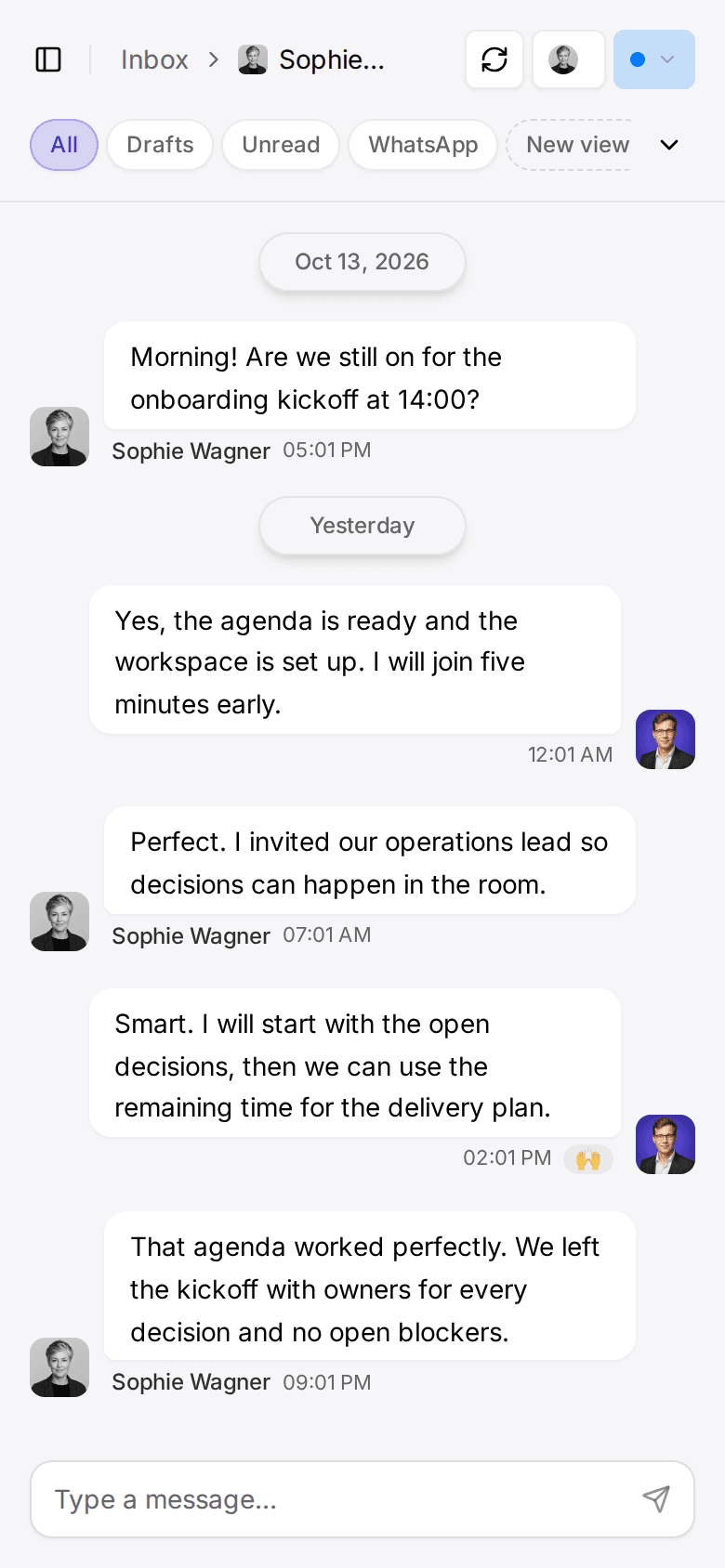 Customermates inbox with a WhatsApp conversation with Sophie Wagner, using demo data