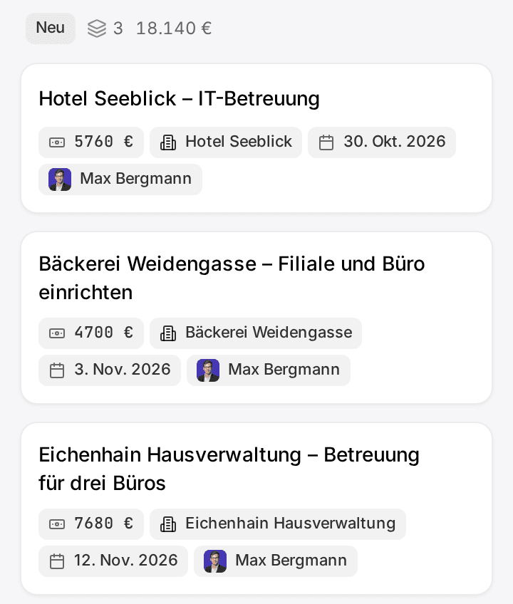 Deal-Board mit den Phasen Neu, Qualifiziert, Im Gespräch und Angebot gesendet, mit Beispieldaten
