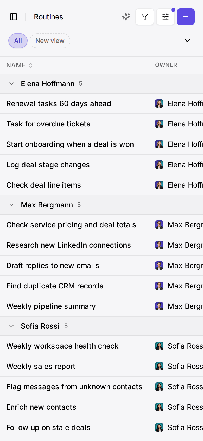 Routines list grouped by owner with schedules, triggers and last runs, using demo data