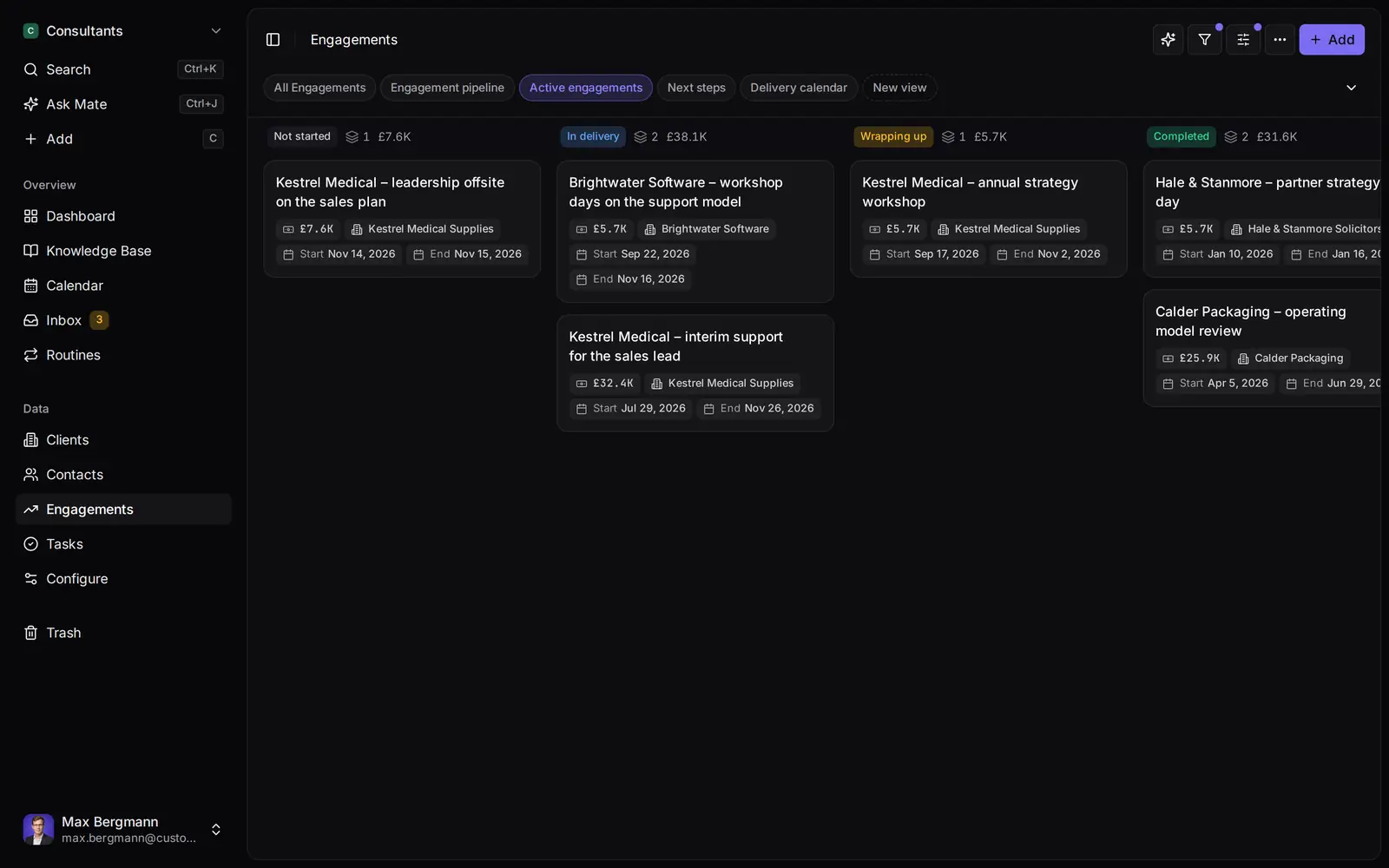 Missions dans l'espace de travail d'exemple, avec des données de démonstration