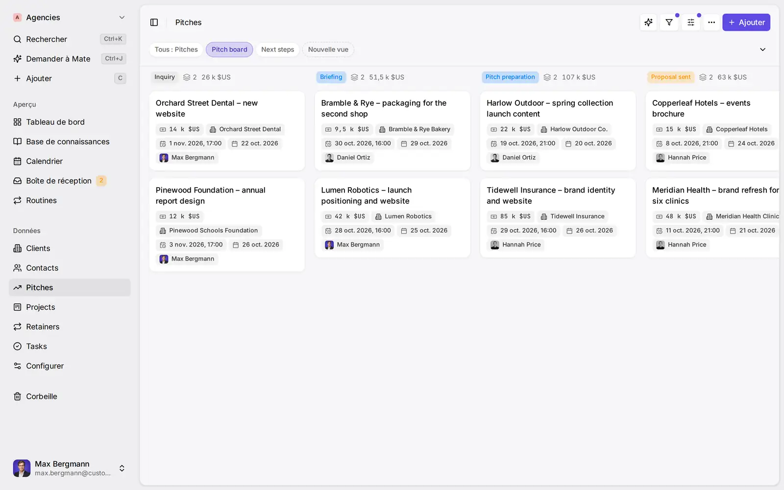 Pitchs dans l'espace de travail d'exemple, avec des données de démonstration