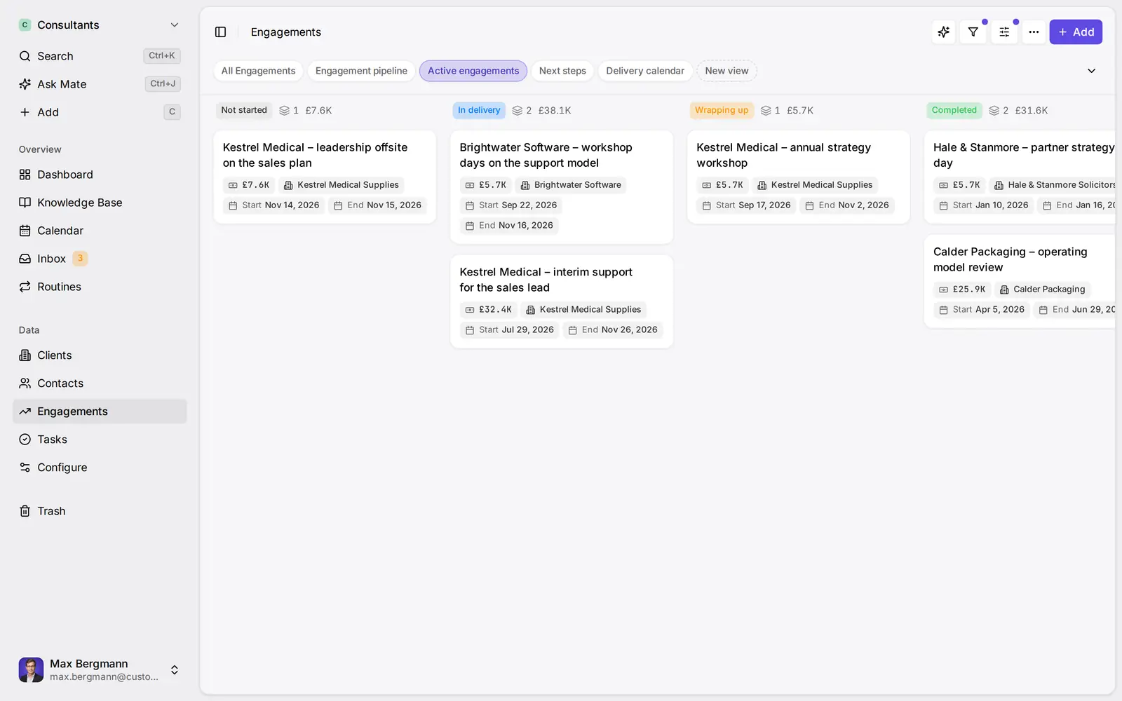 Missions dans l'espace de travail d'exemple, avec des données de démonstration