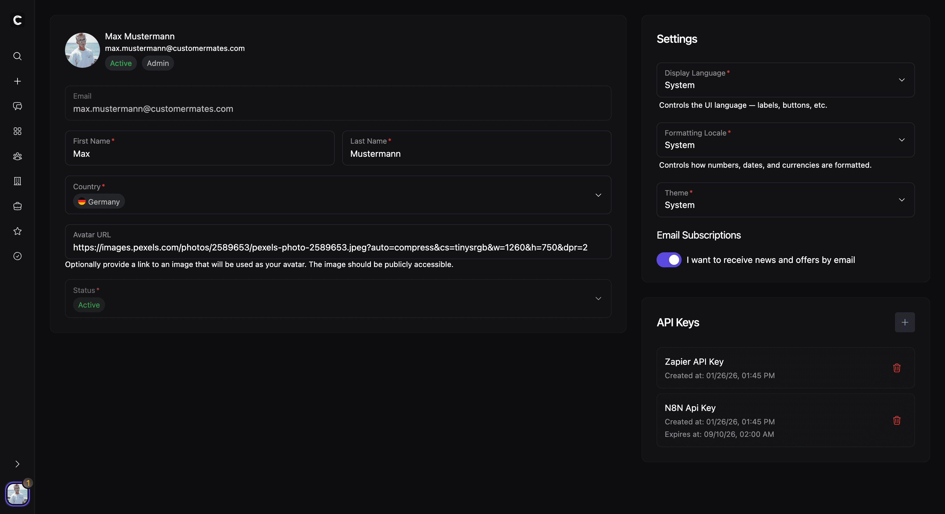 Komplette Account-Settings-Seite mit Profilfeldern und Präferenzen