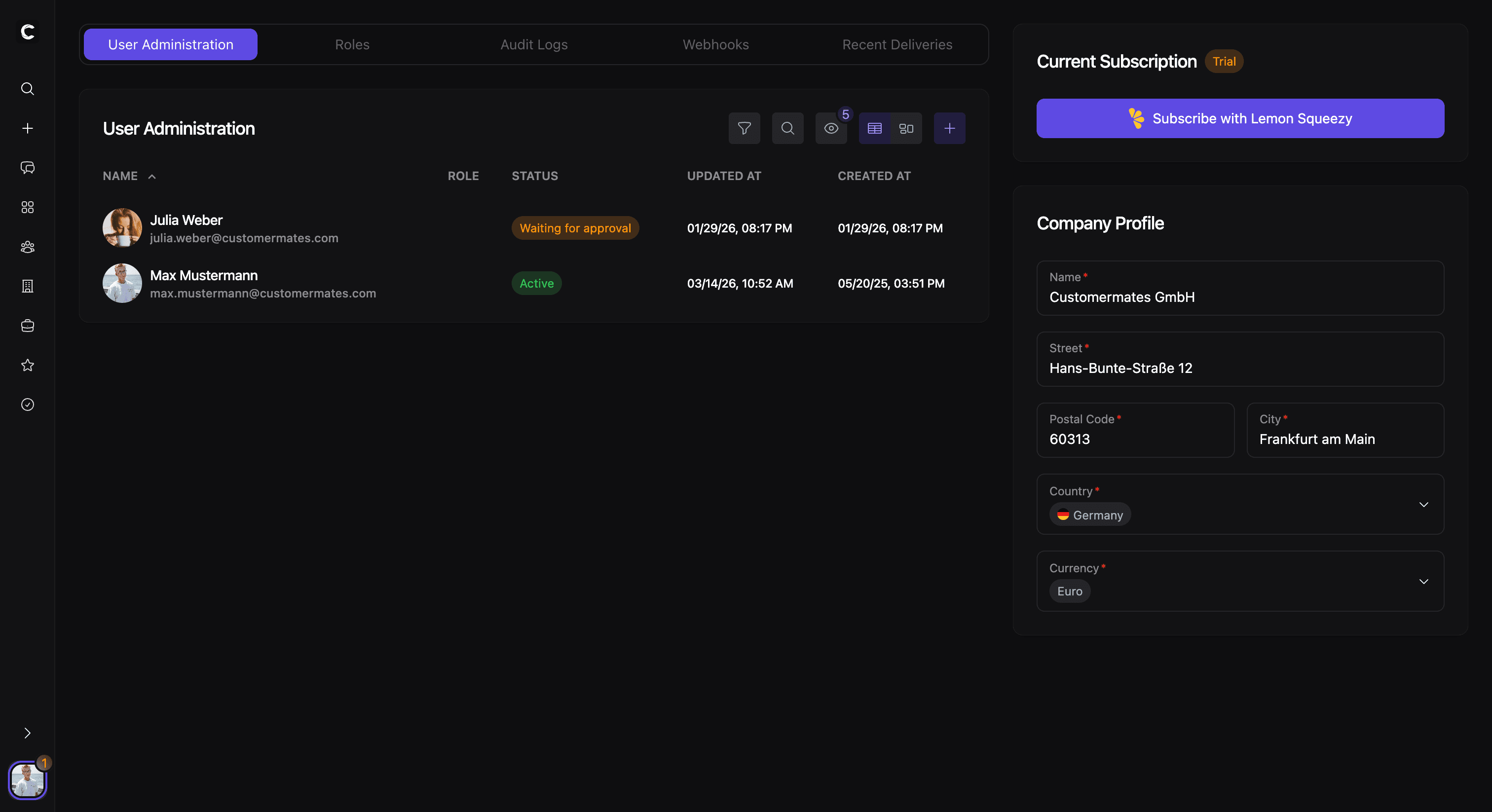 Karte mit Unternehmensangaben wie Name, Adresse, Land und Währung