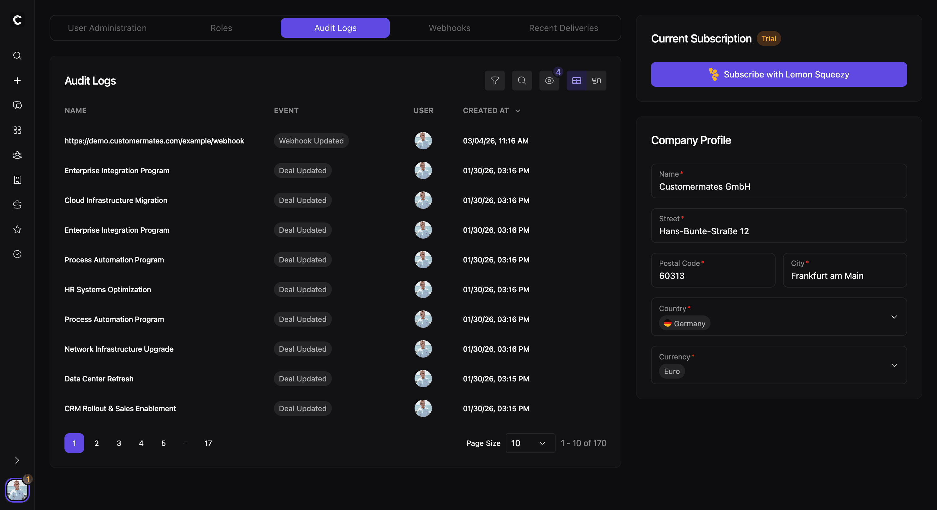 Bereich der Unternehmensseite mit Abonnement-Karte, Audit-Logs oder Webhook-Steuerung