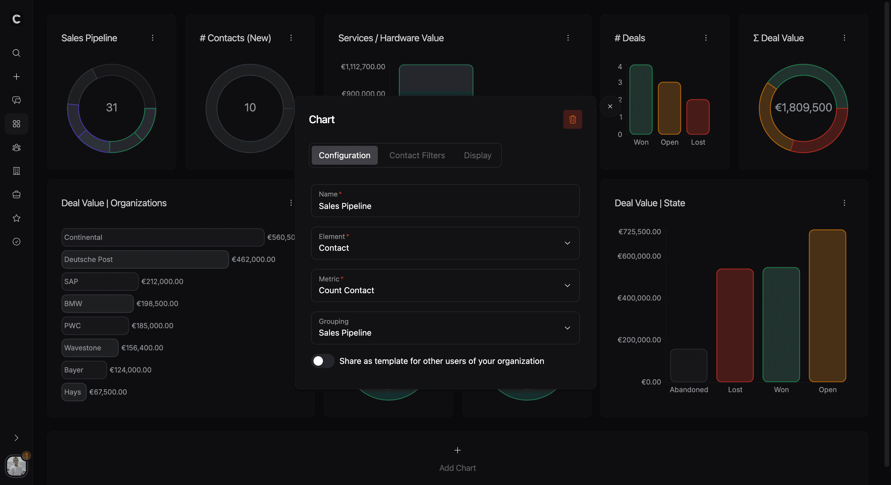 Allgemeiner Tab des Widget-Modals mit Entitätstyp, Aggregation, Gruppierung und Vorlage