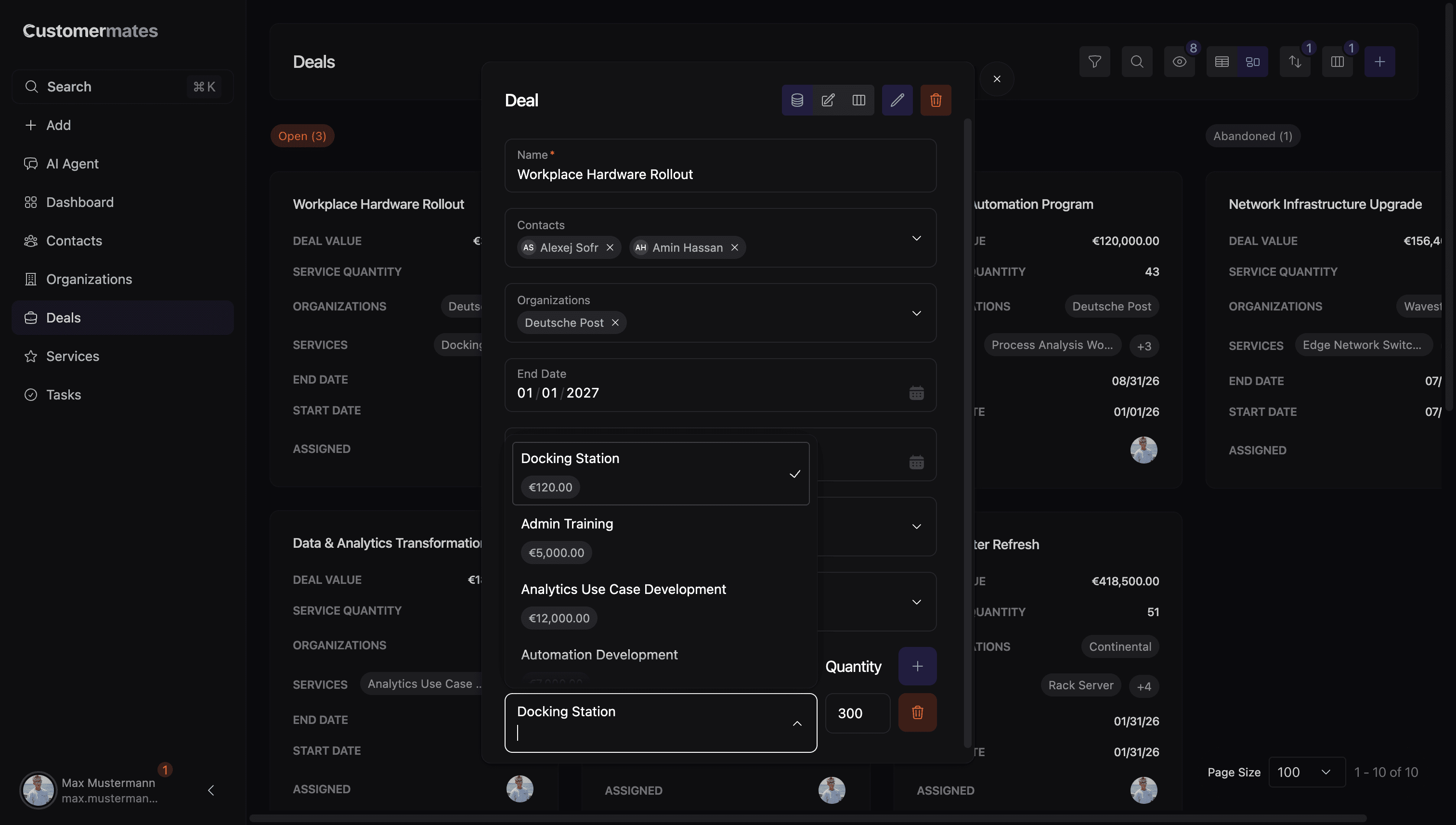Deal-Modal mit verknüpften Kontakten, verknüpften Organisationen und Service-Mengen
