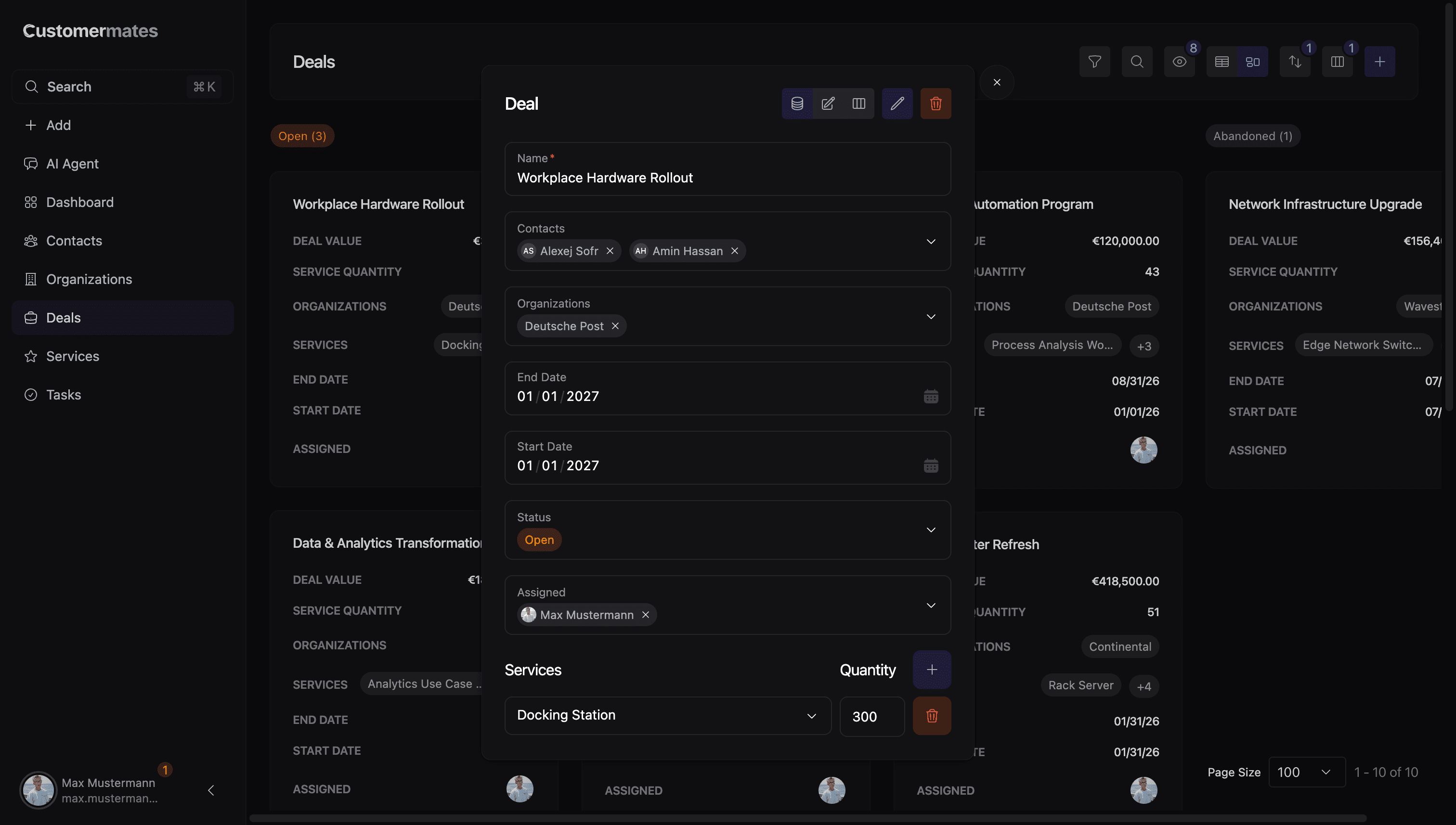 Kontakt-, Organisations- oder Deal-Modal mit verknüpften Datensätzen und Zuweisungen