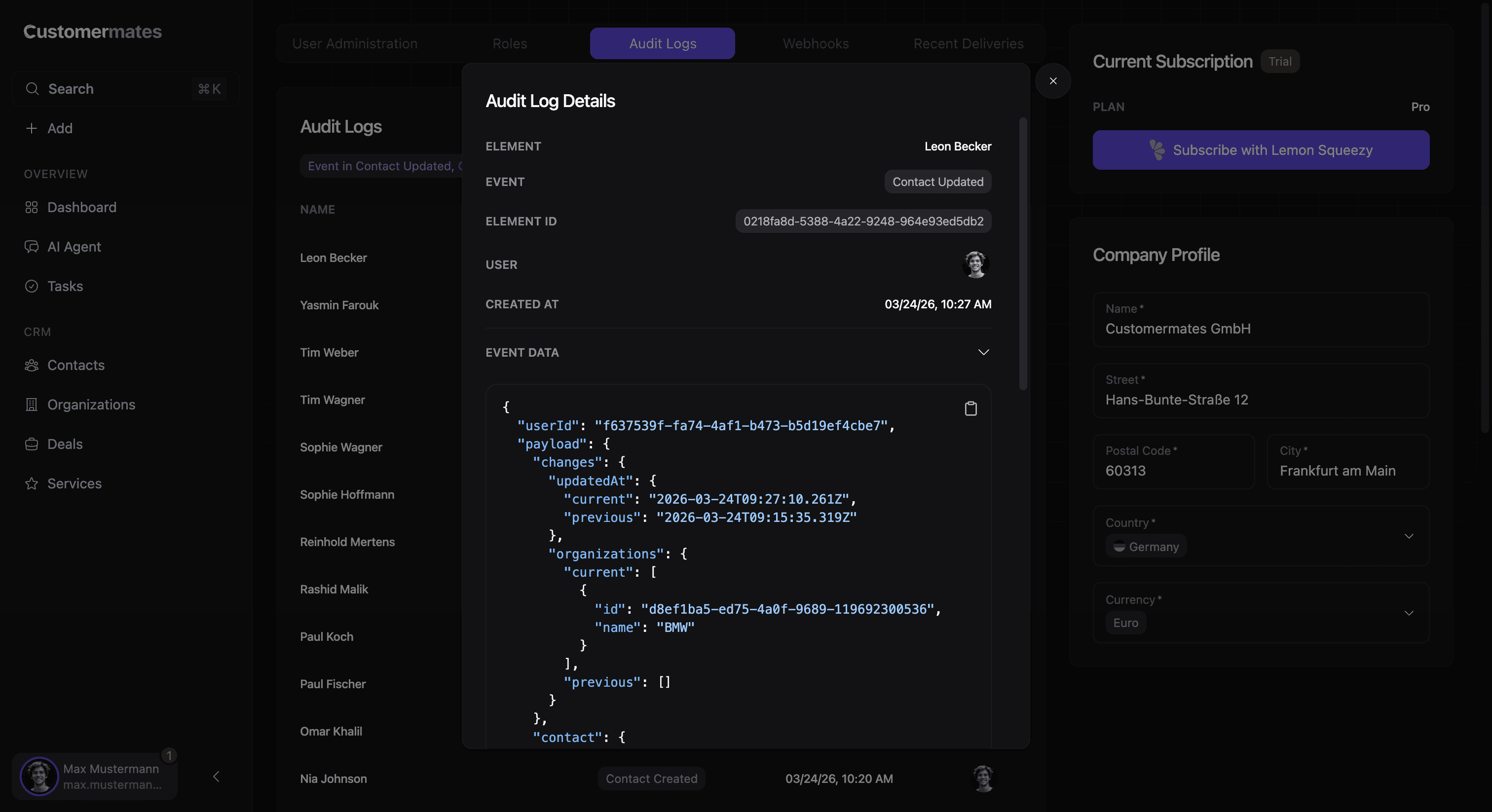 Audit log details modal showing entity, event, actor, timestamp, and recorded event data