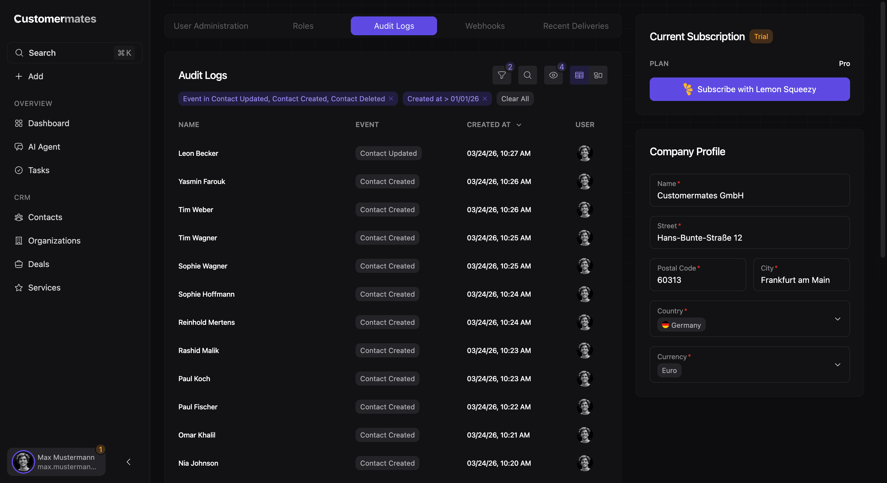 Feature audit logging overview showing audit log list, event labels, user information, and timestamps