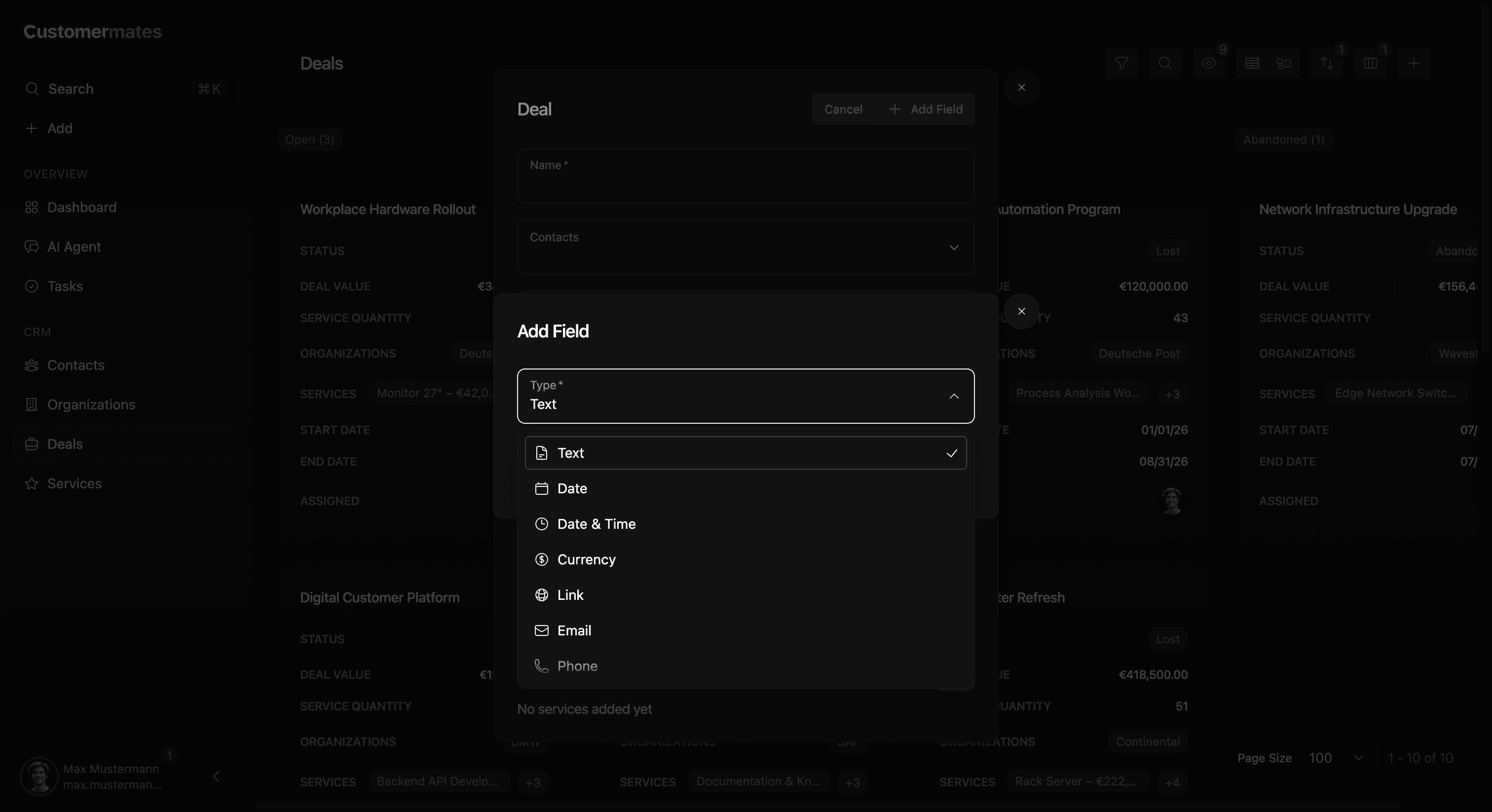 Custom column setup modal showing field type selection, naming, and configuration options