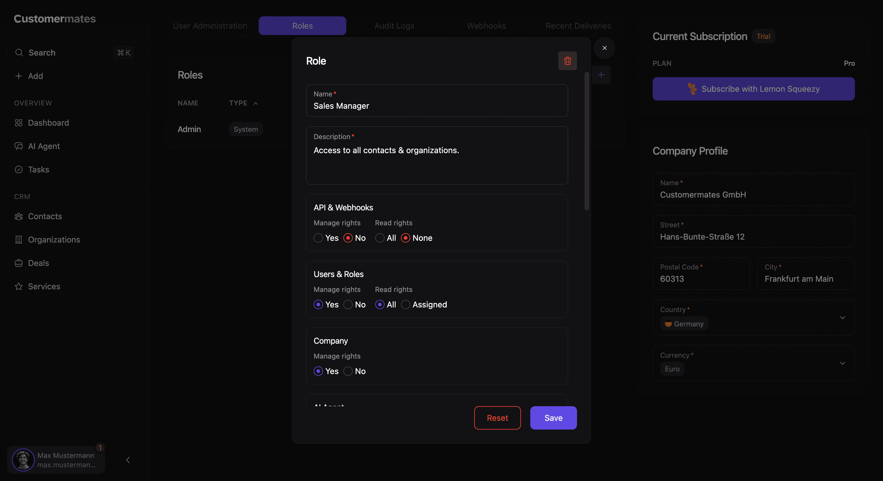 Role configuration modal showing permission sections for read and management access