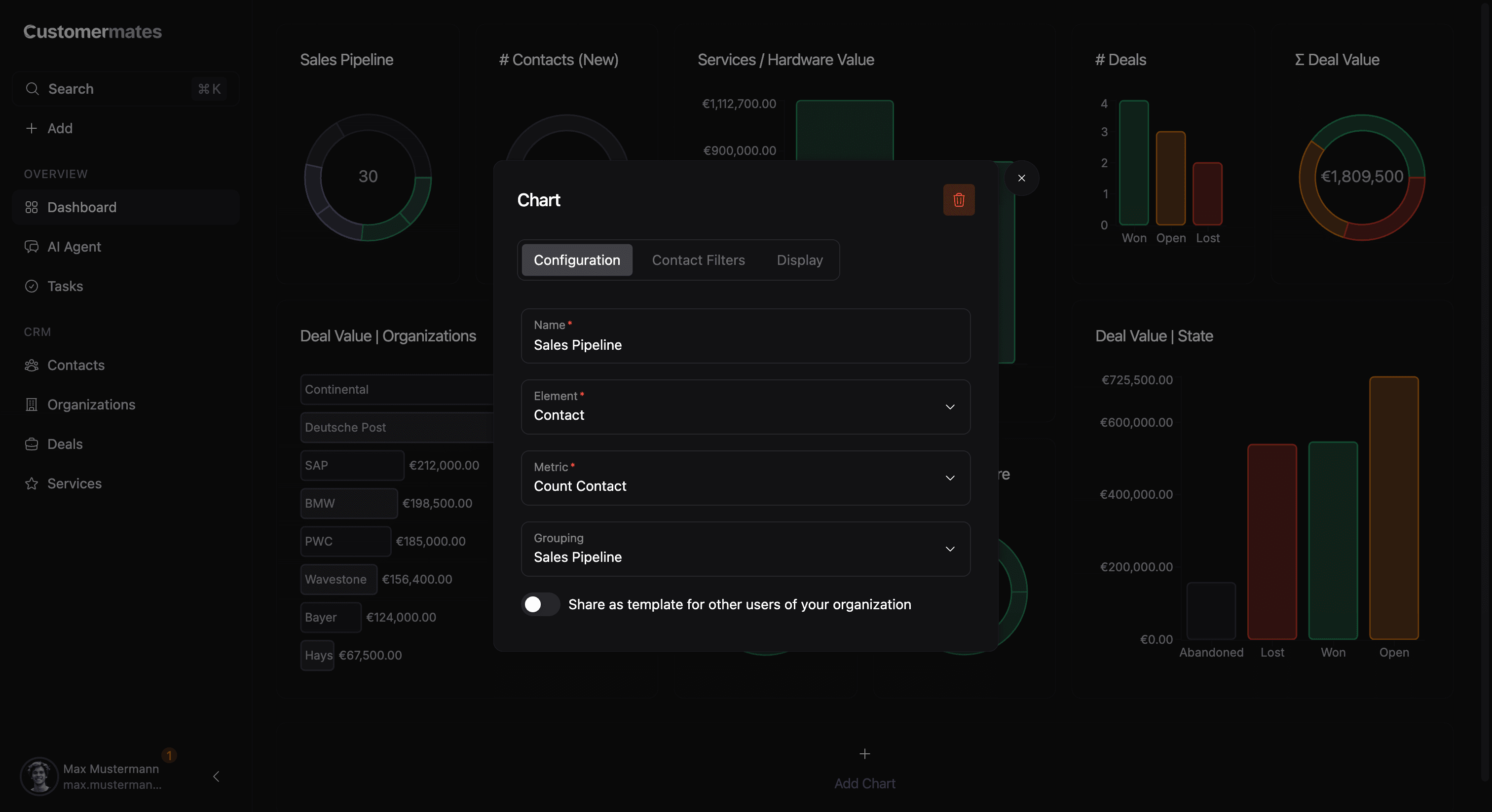Widget setup modal for report and statistics showing entity, aggregation, grouping, and display configuration