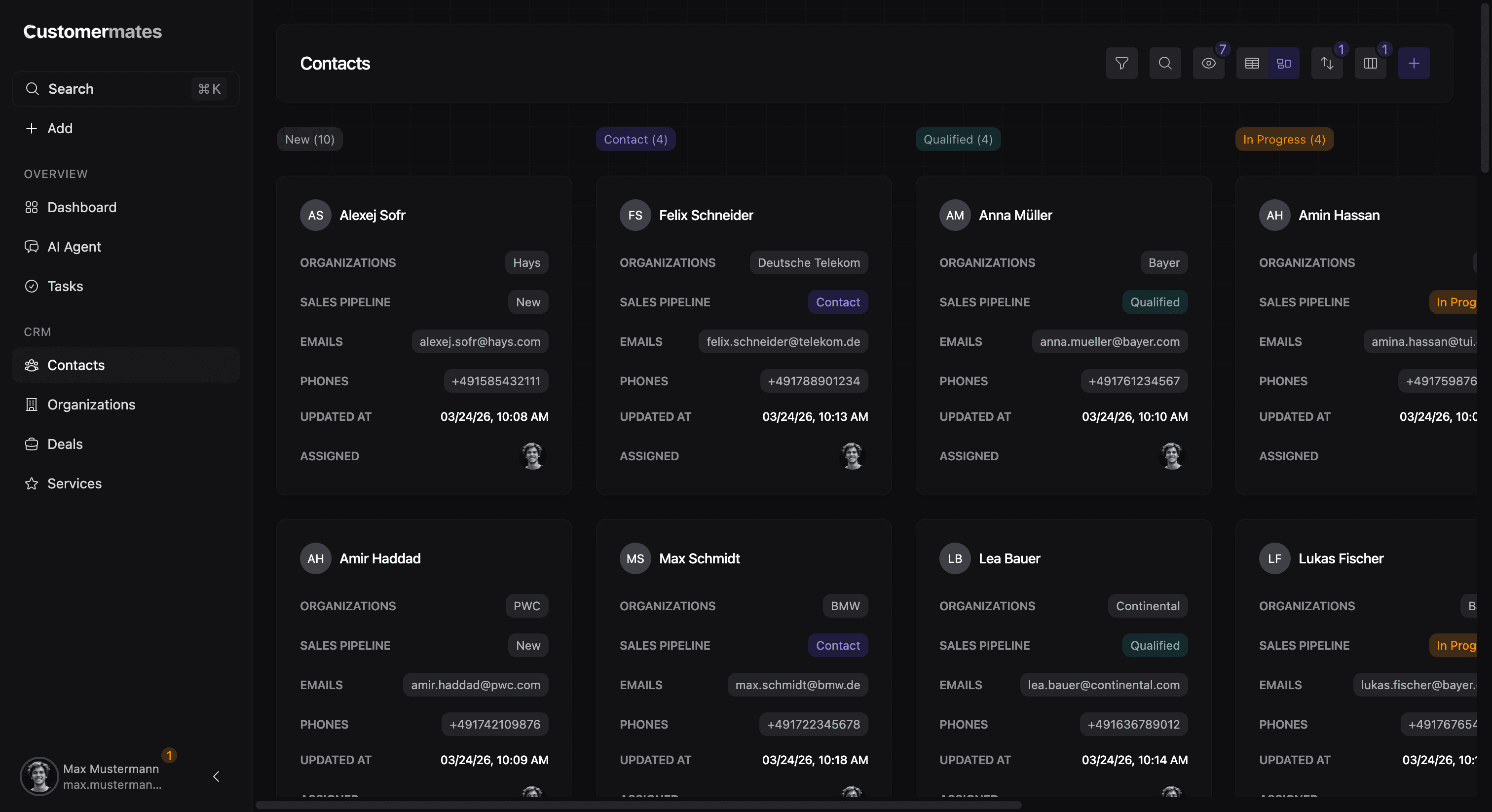 Kontaktübersicht als Kanban-Board, gruppiert nach Stufen der Vertriebspipeline