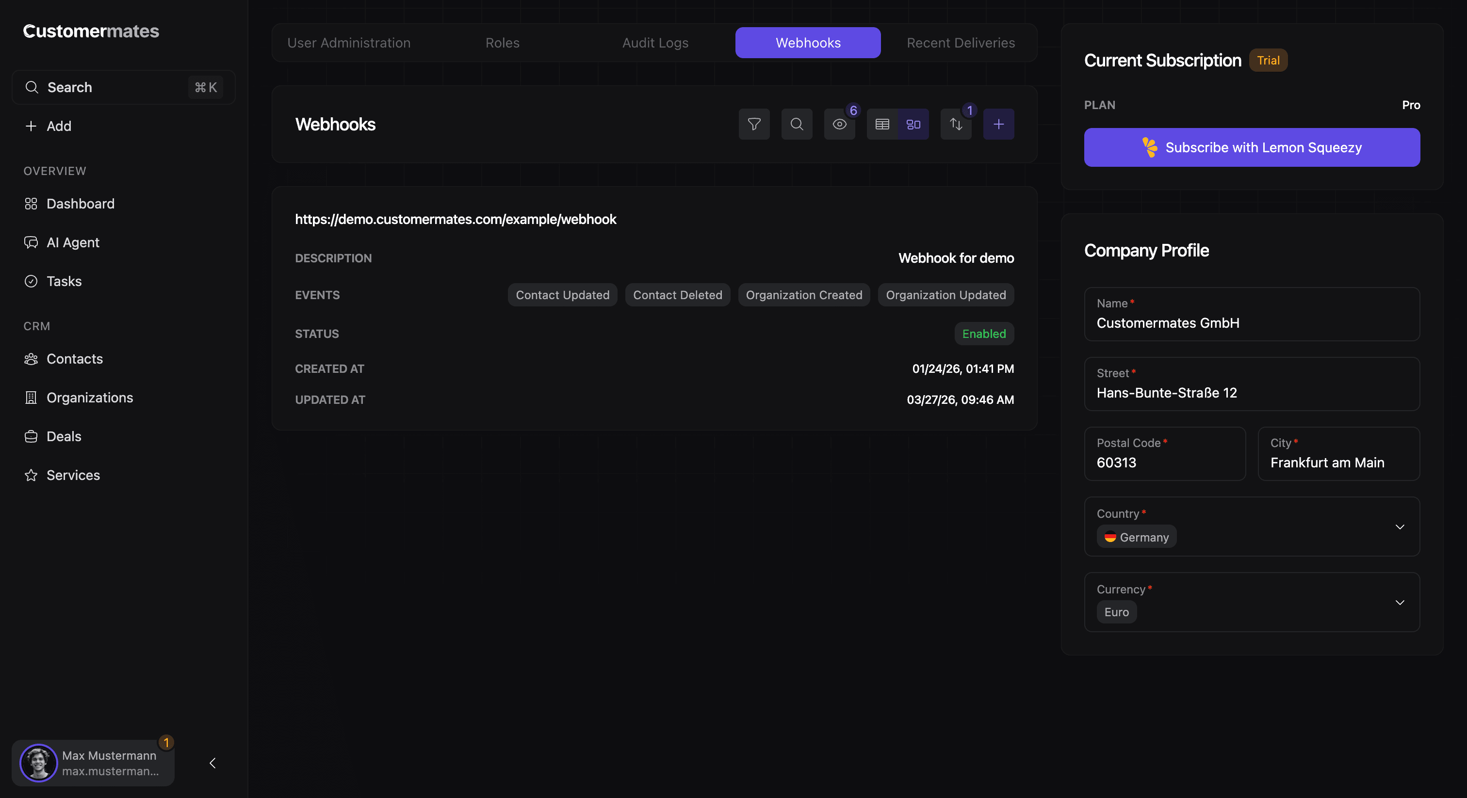 Feature webhooks and events overview showing subscriptions and delivery history