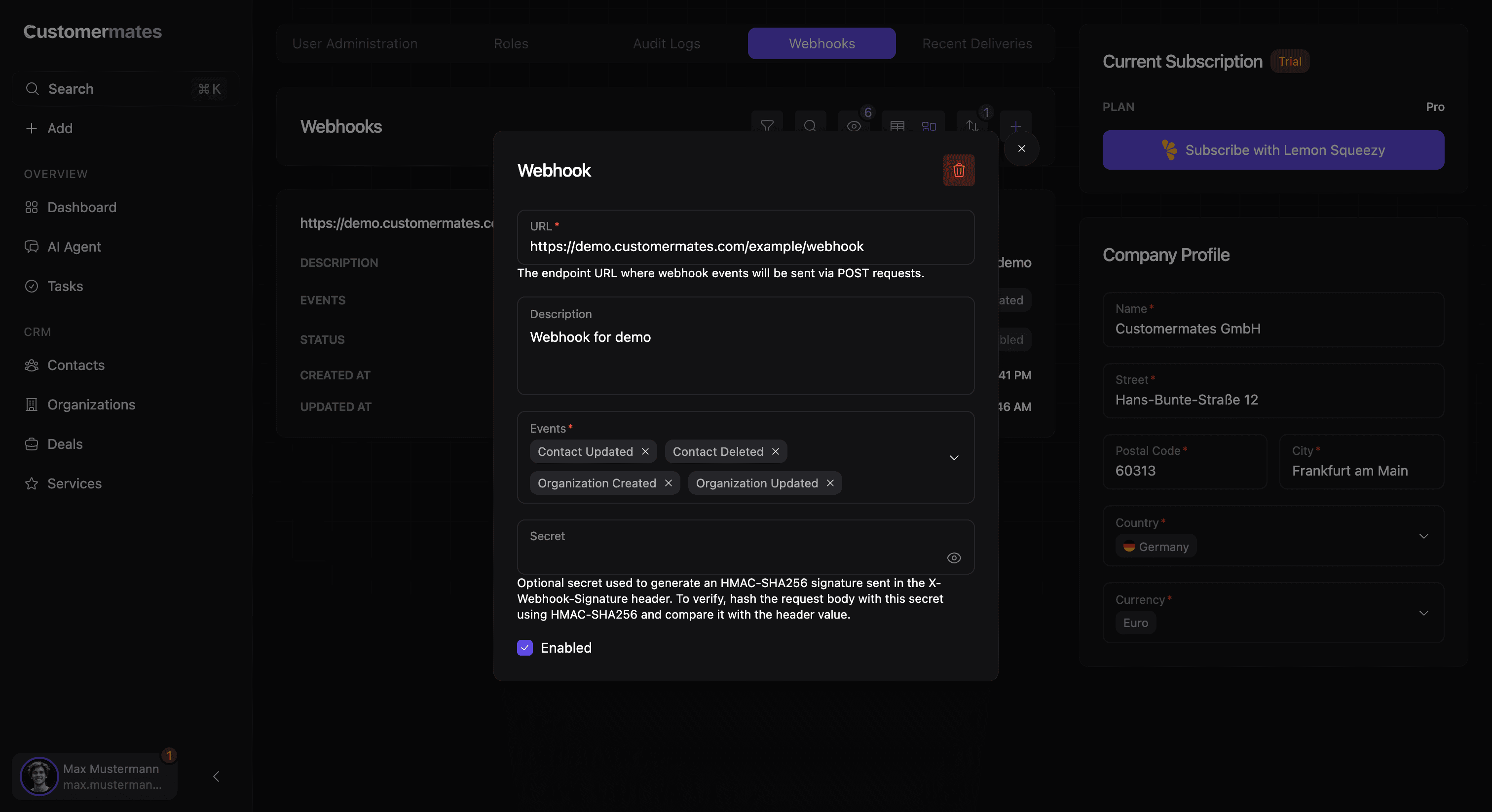 Webhook setup modal showing target URL, subscribed events, secret, and enabled state