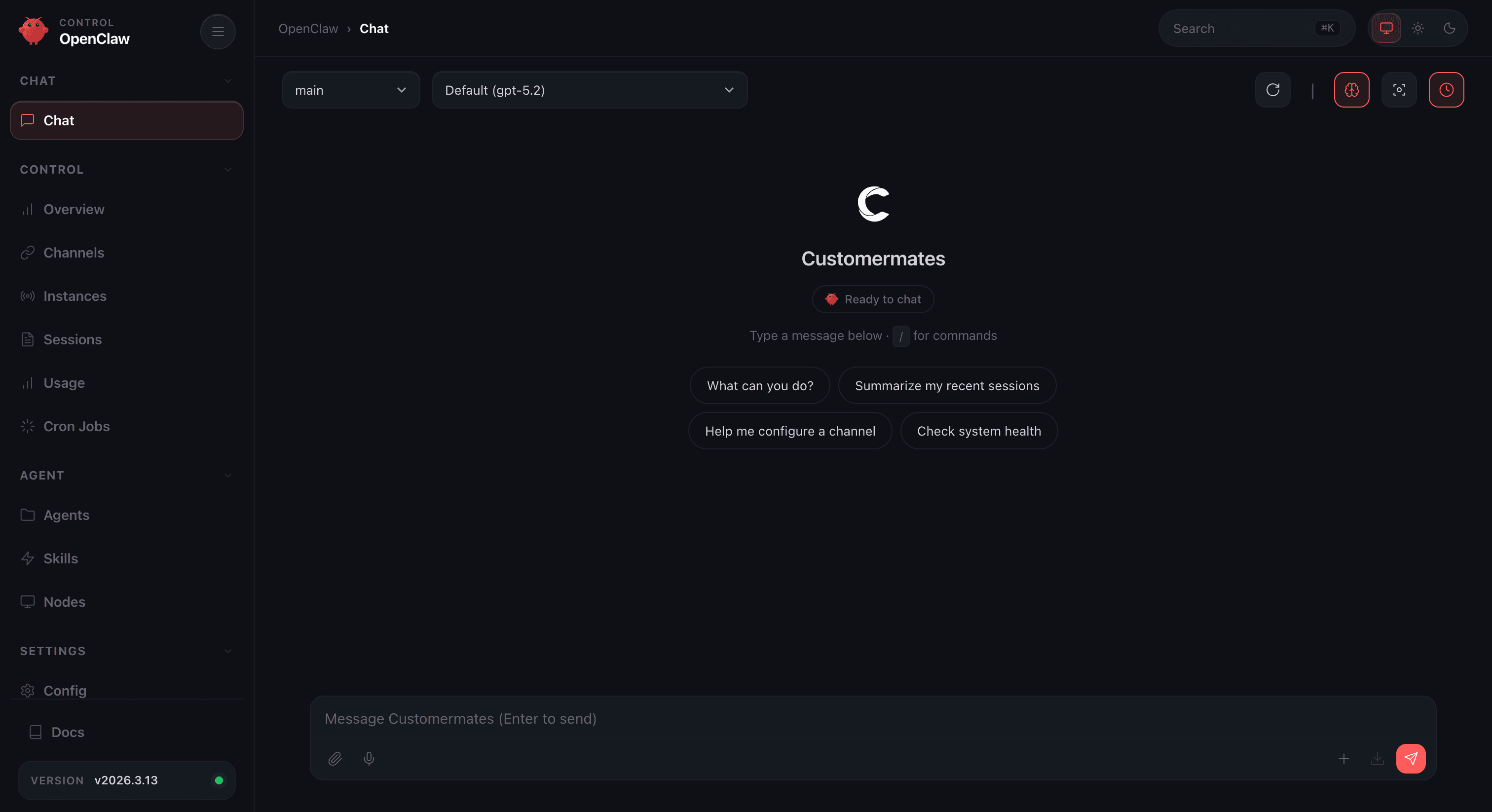 OpenClaw setup view showing the provisioned agent container and the available actions Open Control UI, Add Environment Variable, and Reset Agent