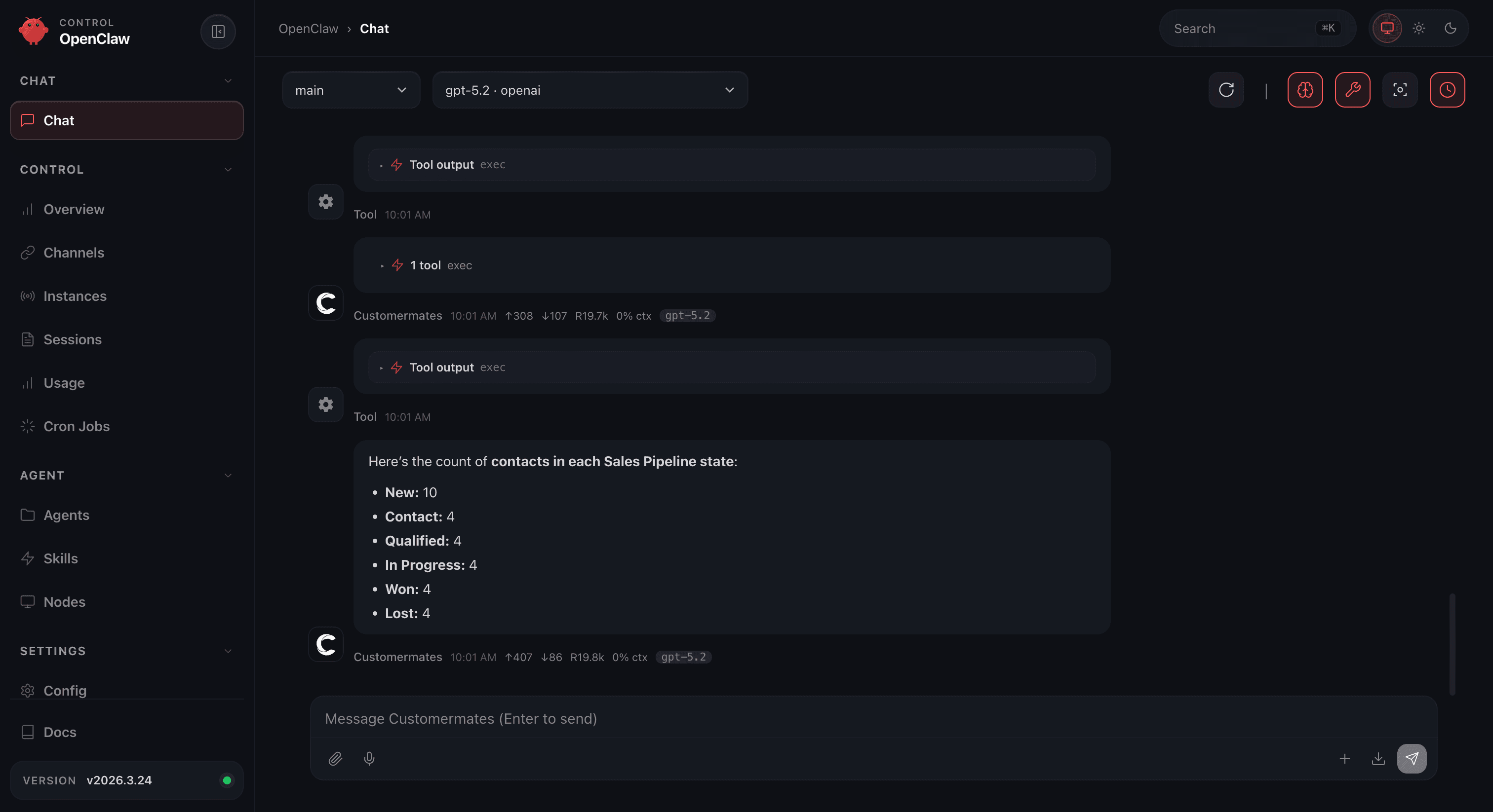 OpenClaw chat view showing CRM-related questions and answers based on user-scoped CRM access
