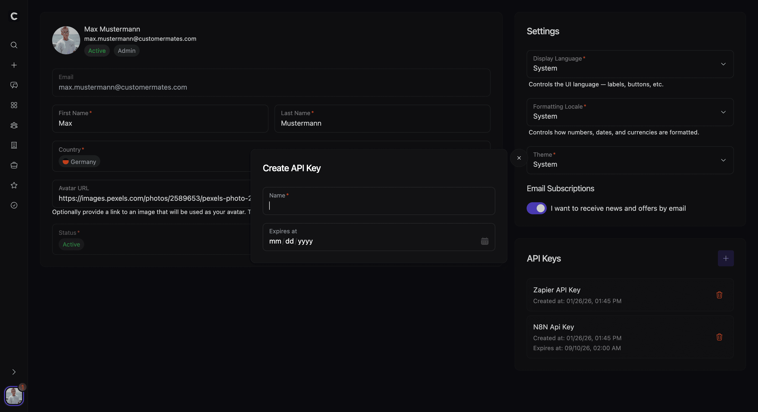 API-Keys-Karte oder Modal zum Erstellen eines API-Keys mit Name und Ablaufdatum