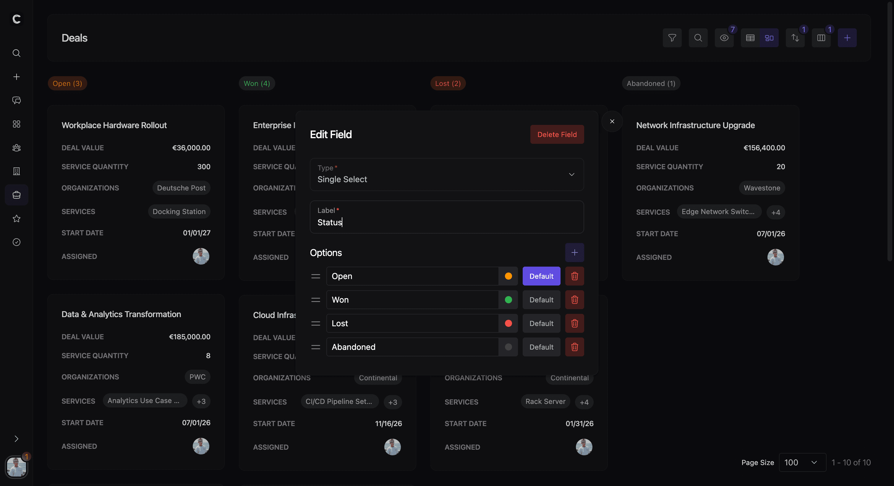 Datensatzansicht oder Tabellenzeile mit befüllten benutzerdefinierten Feldern