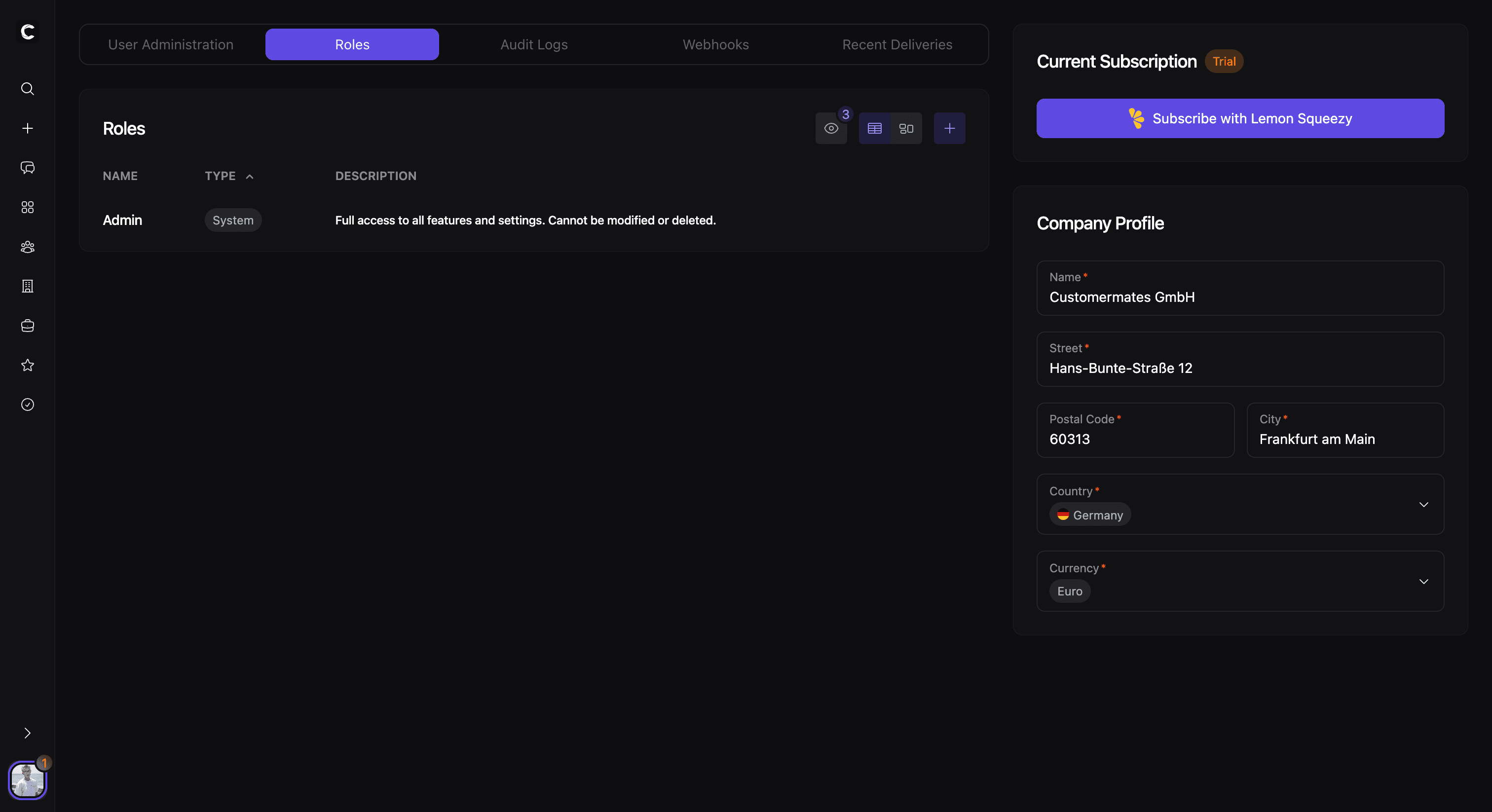 Rollen-Modal mit mehreren sichtbaren Berechtigungsbereichen