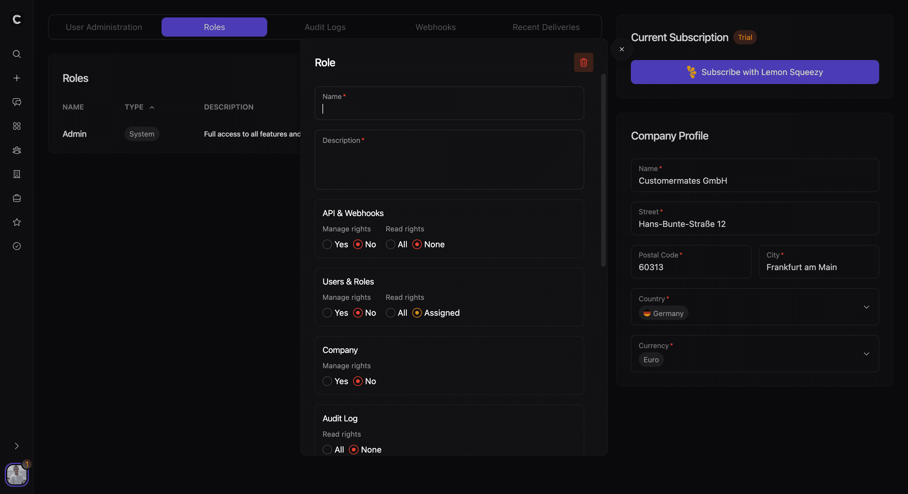 Berechtigungsbereich mit Auswahl für Lesezugriff und Verwaltung ja oder nein