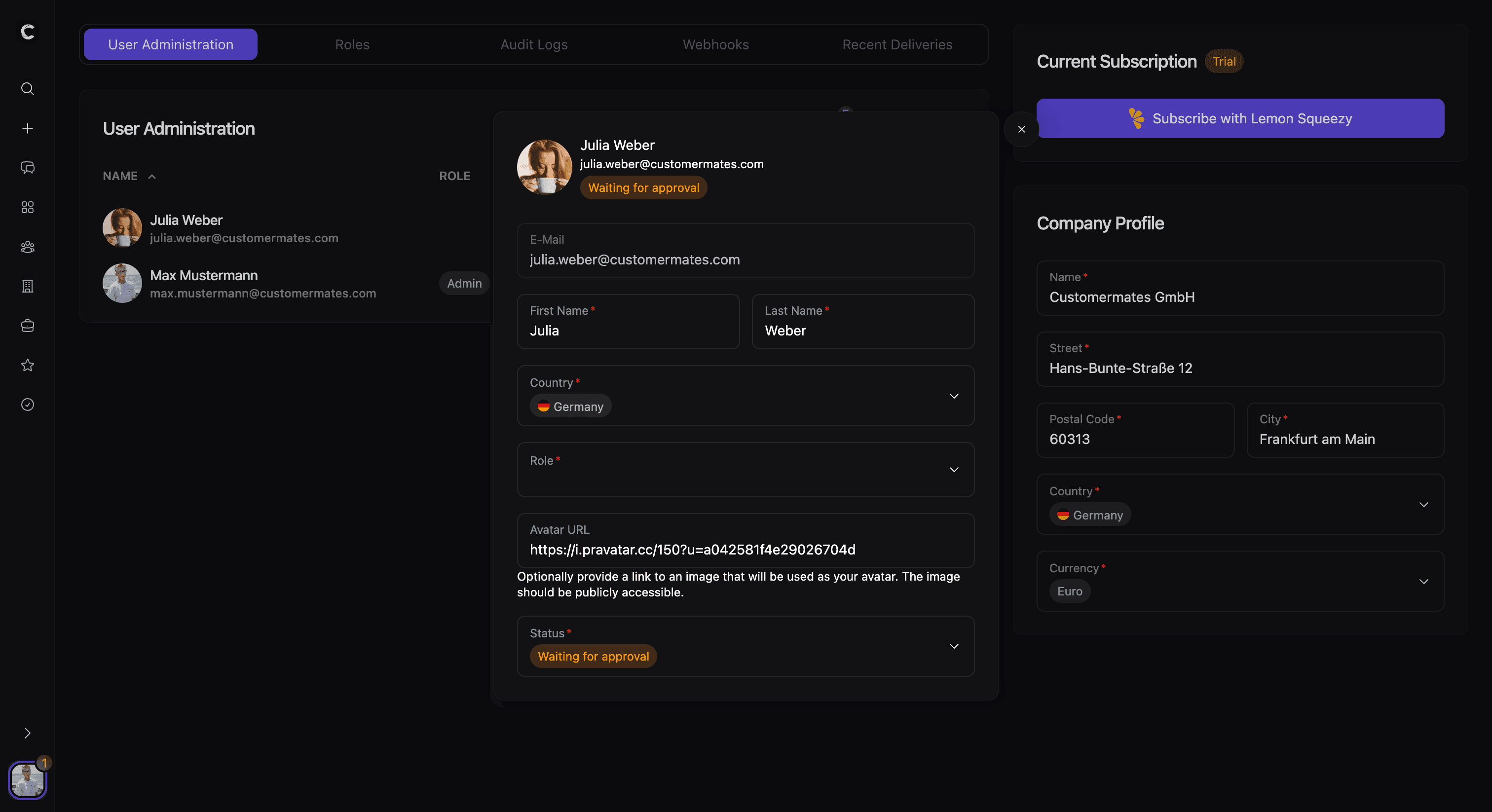 Nutzer-Modal mit sichtbarer Rollen-Auswahl