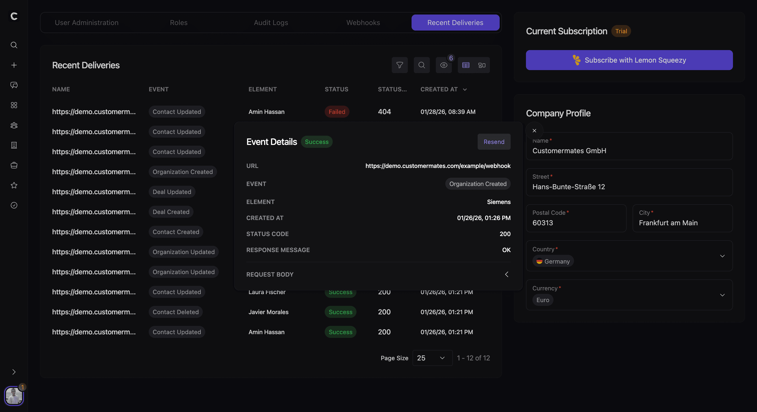 Detailansicht einer Zustellung mit Request-Body und Metadaten