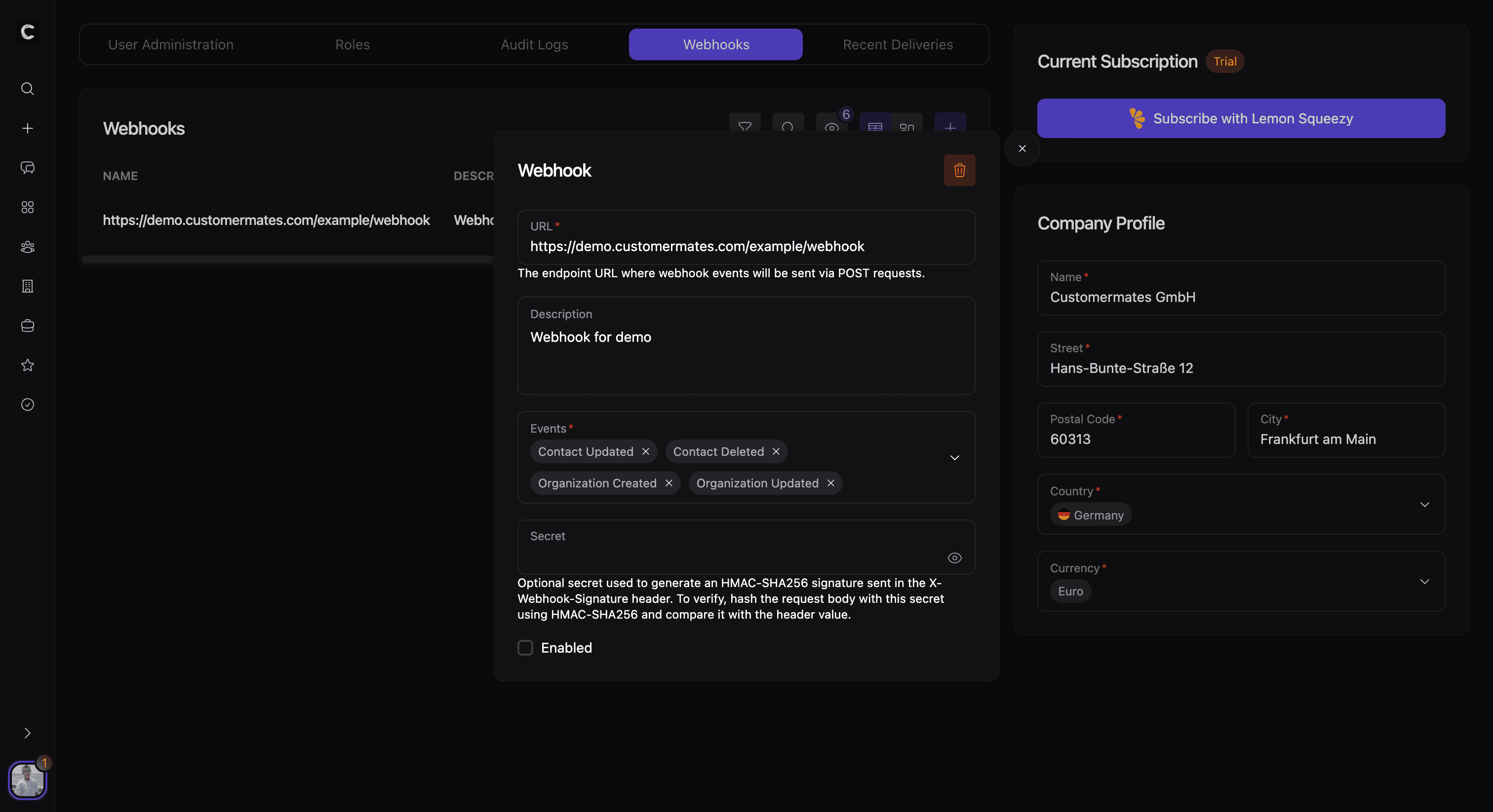 Webhook-Modal mit URL, Event-Auswahl, Secret und Status
