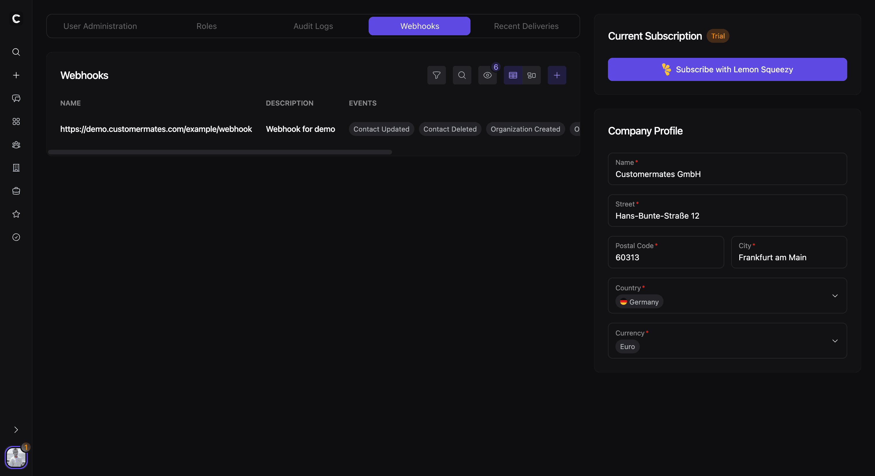 Webhook-Übersicht im Unternehmensbereich mit Subscriptions und Zustellhistorie